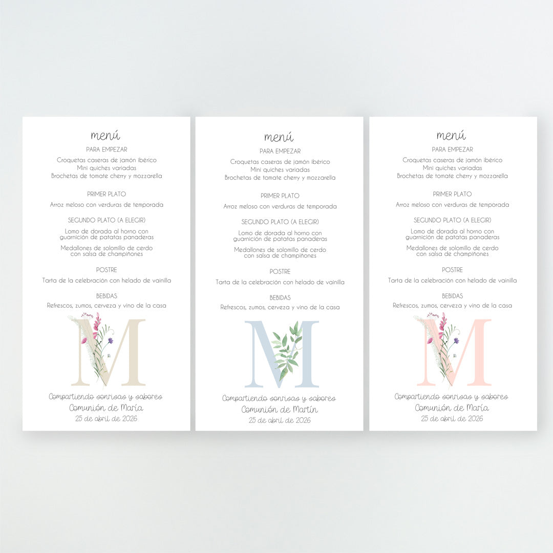 Diseños disponibles en la minuta o tarjetón menú de la Colección Inicial Comunión, con inicial decorada con flores o rama de olivo, impresa en cartulina FSC.