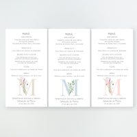 Diseños disponibles en la minuta o tarjetón menú de la Colección Inicial Comunión, con inicial decorada con flores o rama de olivo, impresa en cartulina FSC.