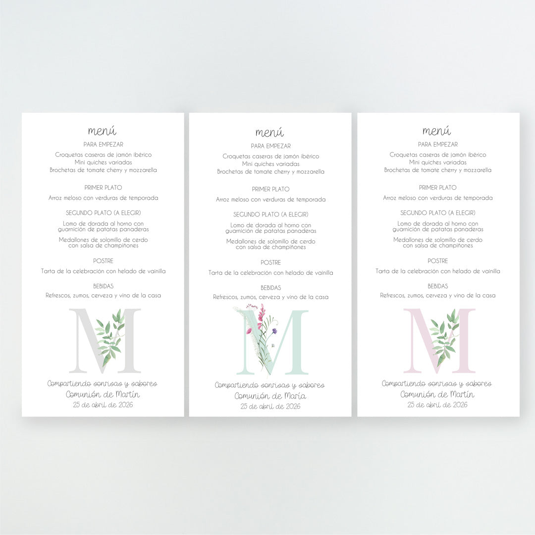 Colores disponibles en la minuta o tarjetón menú de la Colección Inicial Comunión, con inicial decorada con flores o rama de olivo, impresa en cartulina FSC.
