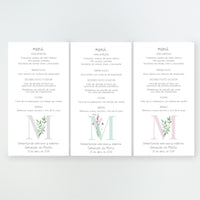 Colores disponibles en la minuta o tarjetón menú de la Colección Inicial Comunión, con inicial decorada con flores o rama de olivo, impresa en cartulina FSC.