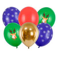 Detalle del set de 6 globos de látex de Navidad: rojo, dorado, verde con renos y azul con copos de nieve, 30 cm
