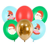Detalle del set de 6 globos de látex de Navidad: Papá Noel, Elfo, rojo y dorado cromado, 30 cm