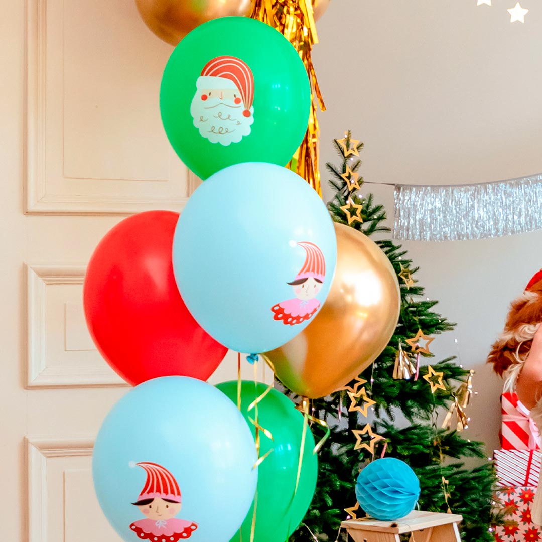 Set de 6 globos de látex de Navidad: Papá Noel, Elfo, rojo y dorado cromado, 30 cm