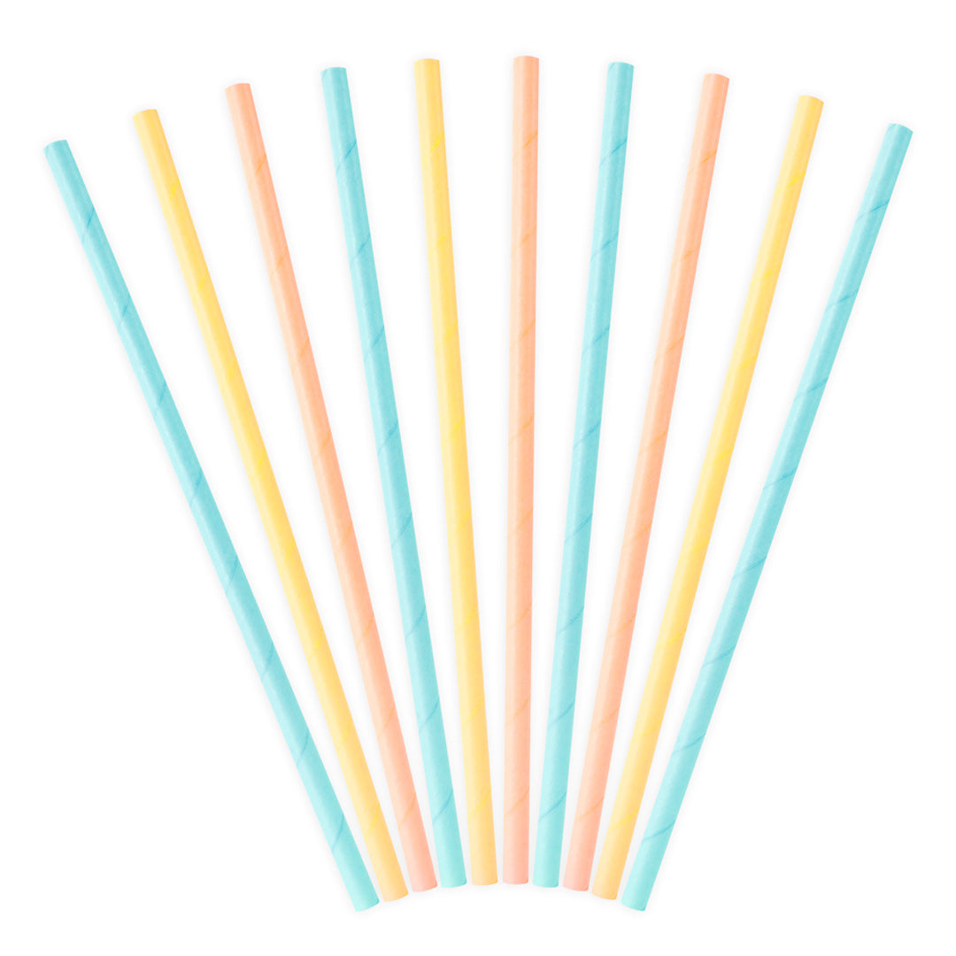 Pajitas de papel en tonos pastel (turquesa, amarillo y melocotón). Pack de 10 unidades, 19,5 cm.