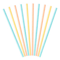 Pajitas de papel en tonos pastel (turquesa, amarillo y melocotón). Pack de 10 unidades, 19,5 cm.