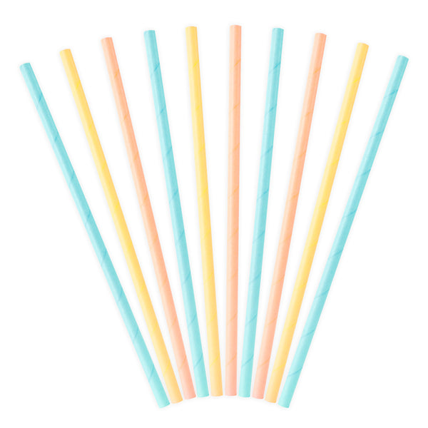 Pajitas de papel en tonos pastel (turquesa, amarillo y melocotón). Pack de 10 unidades, 19,5 cm.