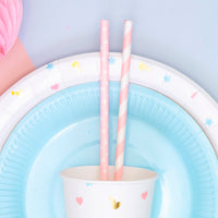 Pajitas de papel con rayas diagonales rosas. Pack de 10 unidades, largo 19,5 cm.