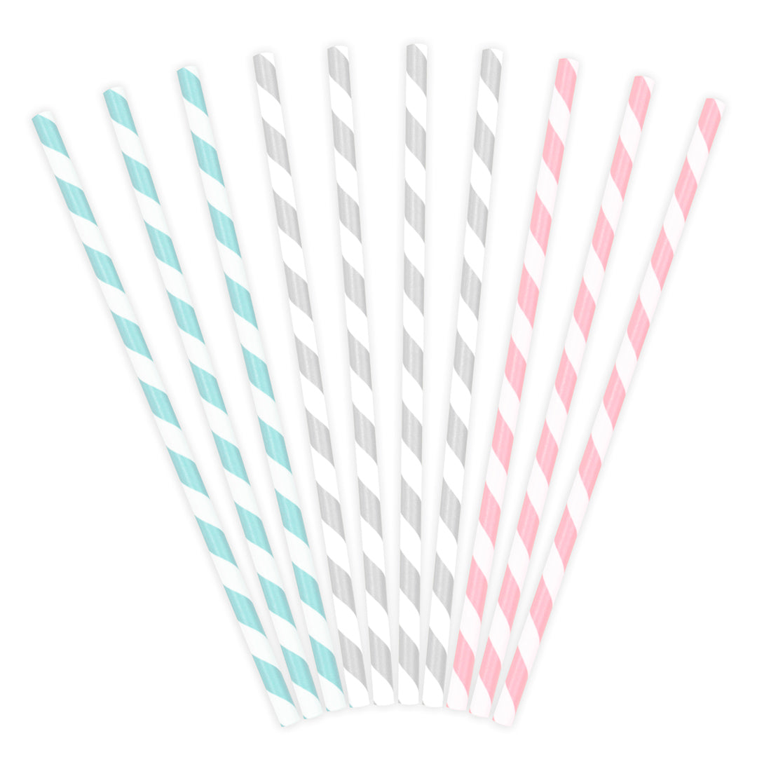 Pajitas de papel con rayas diagonales en colores pastel azul, rosa y gris. Pack de 10 unidades, 19,5 cm.