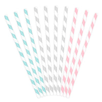 Pajitas de papel con rayas diagonales en colores pastel azul, rosa y gris. Pack de 10 unidades, 19,5 cm.