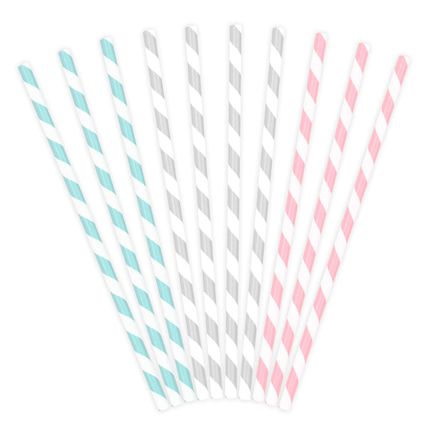 Pajitas de papel con rayas diagonales en colores pastel azul, rosa y gris. Pack de 10 unidades, 19,5 cm.