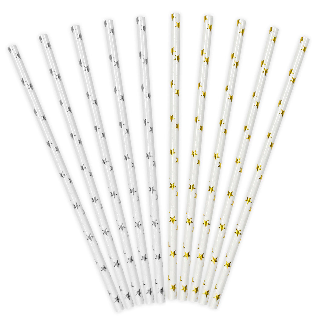 Pajitas de papel blancas con estrellas doradas y plateadas, pack de 10 unidades, ideales para fiestas.