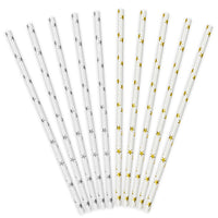 Pajitas de papel blancas con estrellas doradas y plateadas, pack de 10 unidades, ideales para fiestas.