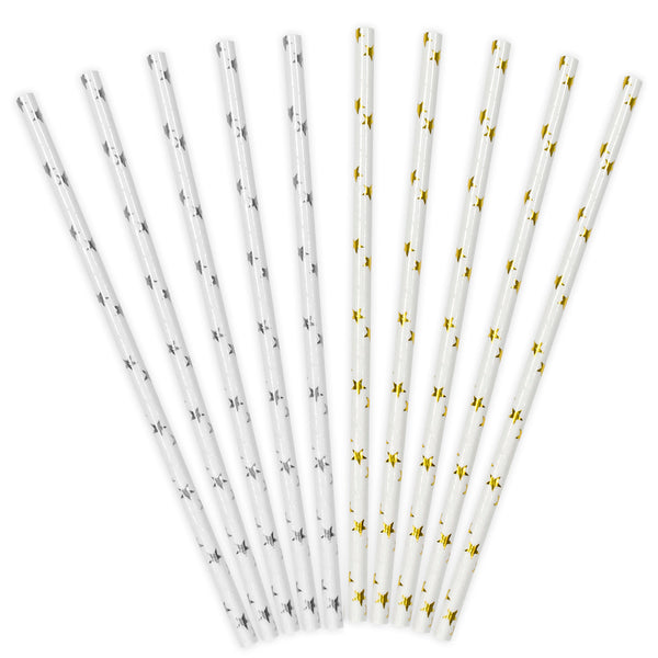 Pajitas de papel blancas con estrellas doradas y plateadas, pack de 10 unidades, ideales para fiestas.