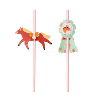Pajitas de papel con topper de caballo galopando y escarapela floral para fiesta animales de granja