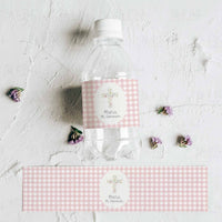 Pegatinas botellas de agua de Cuadros Vichy Rosa para mesa dulce de Comunión. 