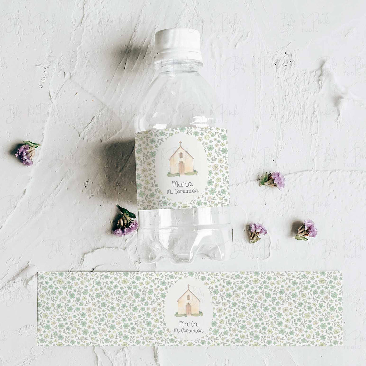 Pegatinas botellas de agua de Flores Liberty Verde para mesa dulce de Comunión. 
