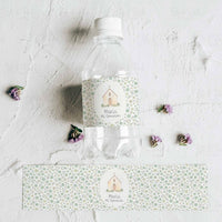 Pegatinas botellas de agua de Flores Liberty Verde para mesa dulce de Comunión. 