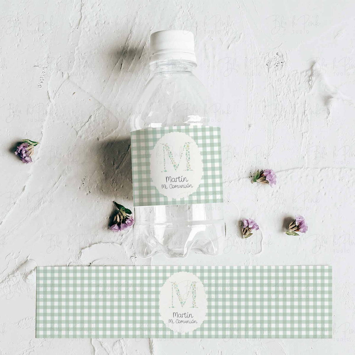 Pegatinas botellas de agua de Cuadros Vichy Verde para mesa dulce de Comunión. 