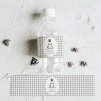 Pegatinas botellas de agua de Cuadros Vichy Gris para mesa dulce de Comunión. 