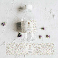 Pegatinas botellas de agua de Flores Liberty Rosa para mesa dulce de Comunión. 