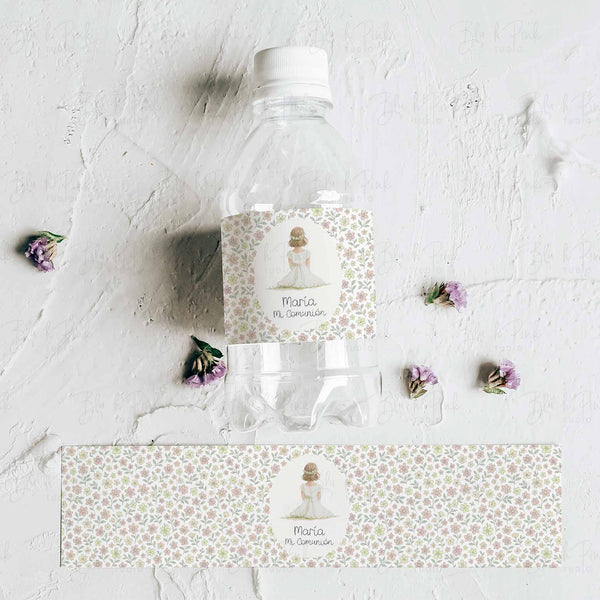 Pegatinas botellas de agua de Flores Liberty Rosa para mesa dulce de Comunión. 