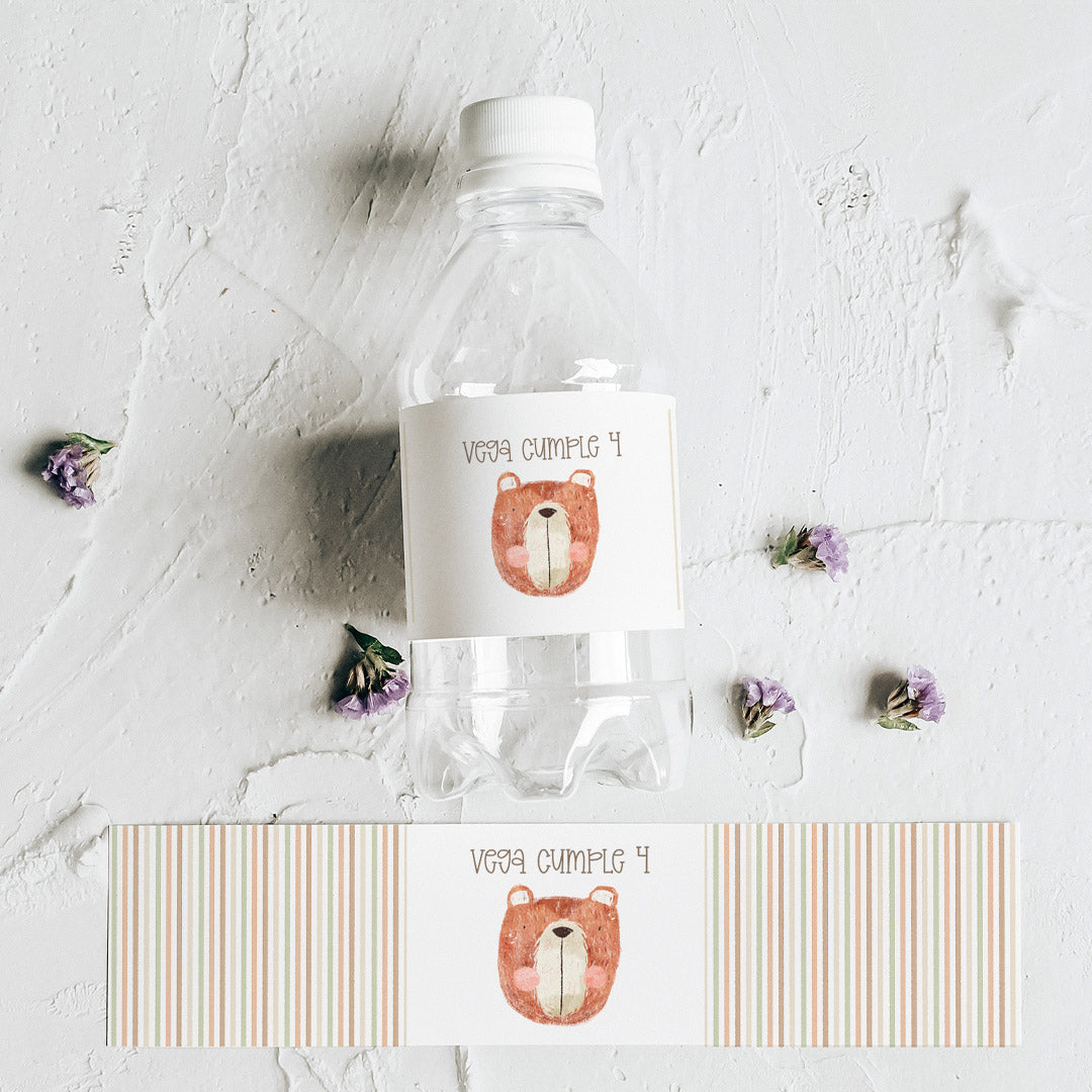 Pack de 10 pegatinas personalizadas para botellas temática animales del bosque con diseños de oso, zorro y ciervo para cumpleaños infantil