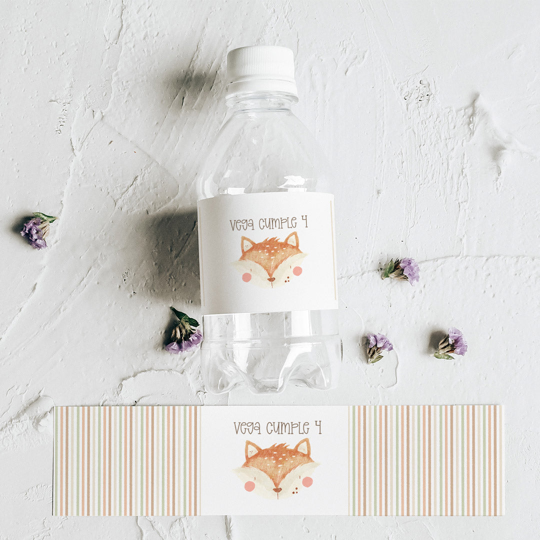 Pack de 10 pegatinas personalizadas para botellas temática animales del bosque con diseños de oso, zorro y ciervo para cumpleaños infantil