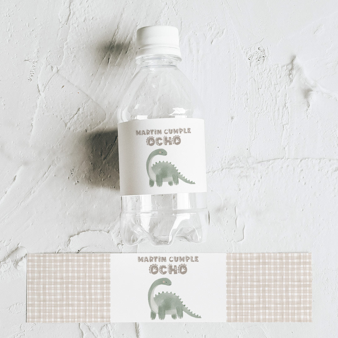 Pack de 10 pegatinas personalizadas para botellas temática dinosaurio con nombre y estampado vichy beige para cumpleaños infantil