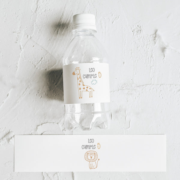 Pack de 10 pegatinas personalizadas para botellas temática safari con nombre