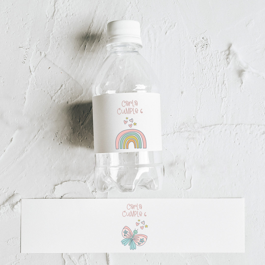 Pack de 10 pegatinas personalizadas para botellas temática unicornio con diseños de unicornio, mariposa y arcoíris para cumpleaños infantil