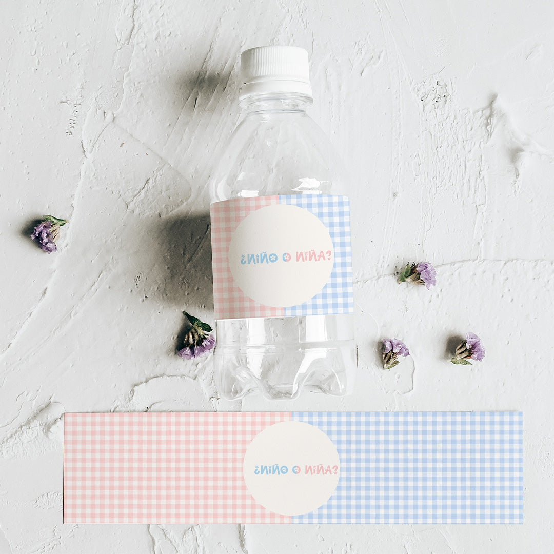 Pack de 10 pegatinas personalizadas para botellas temática revelación de género con estampado vichy rosa y azul
