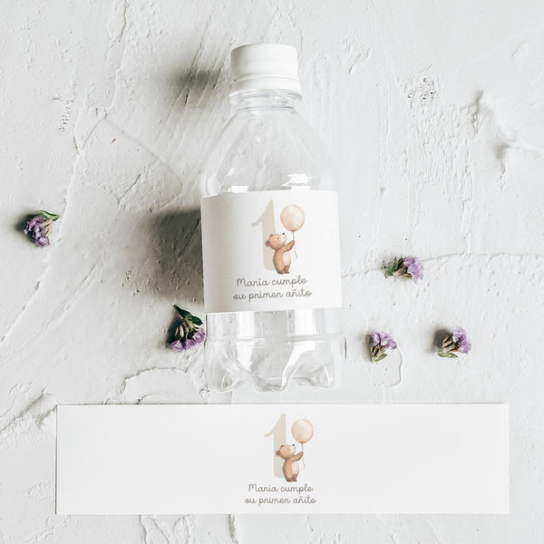 Pack de 10 pegatinas personalizadas para botellas temática primer cumpleaños con nombre y osito ilustrado