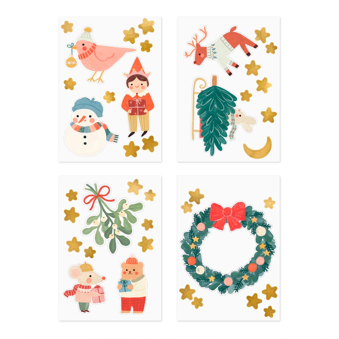 Detalle del set de pegatinas de ventana navideñas con reno, elfo, muñeco de nieve y corona ilustrados