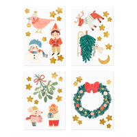 Detalle del set de pegatinas de ventana navideñas con reno, elfo, muñeco de nieve y corona ilustrados