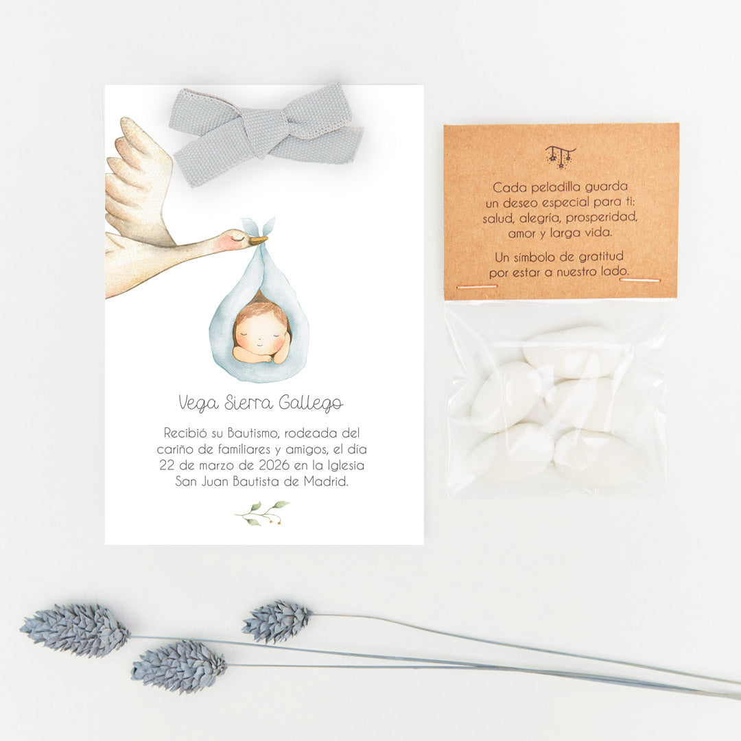 peladillas con recordatorio para invitados de bautizo de la colección Cigüeña