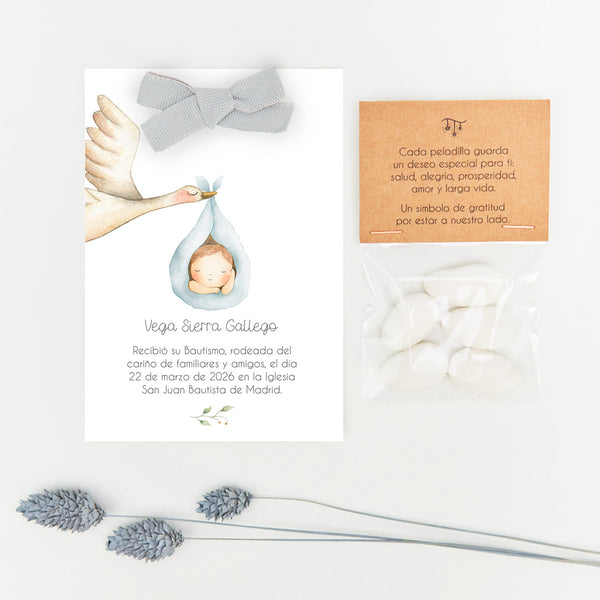 peladillas con recordatorio para invitados de bautizo de la colección Cigüeña