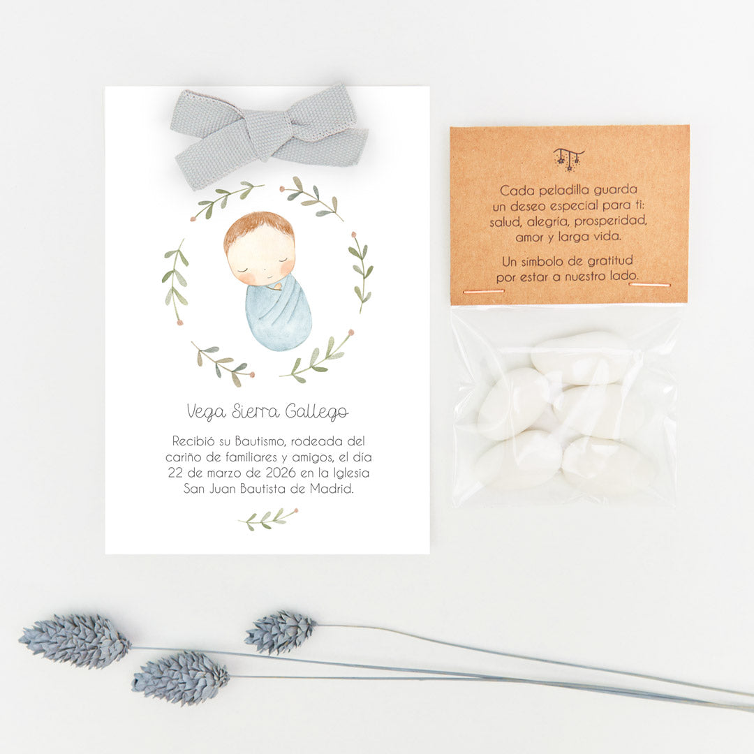 peladillas con recordatorio para invitados de bautizo de la colección Rosquito Bebé