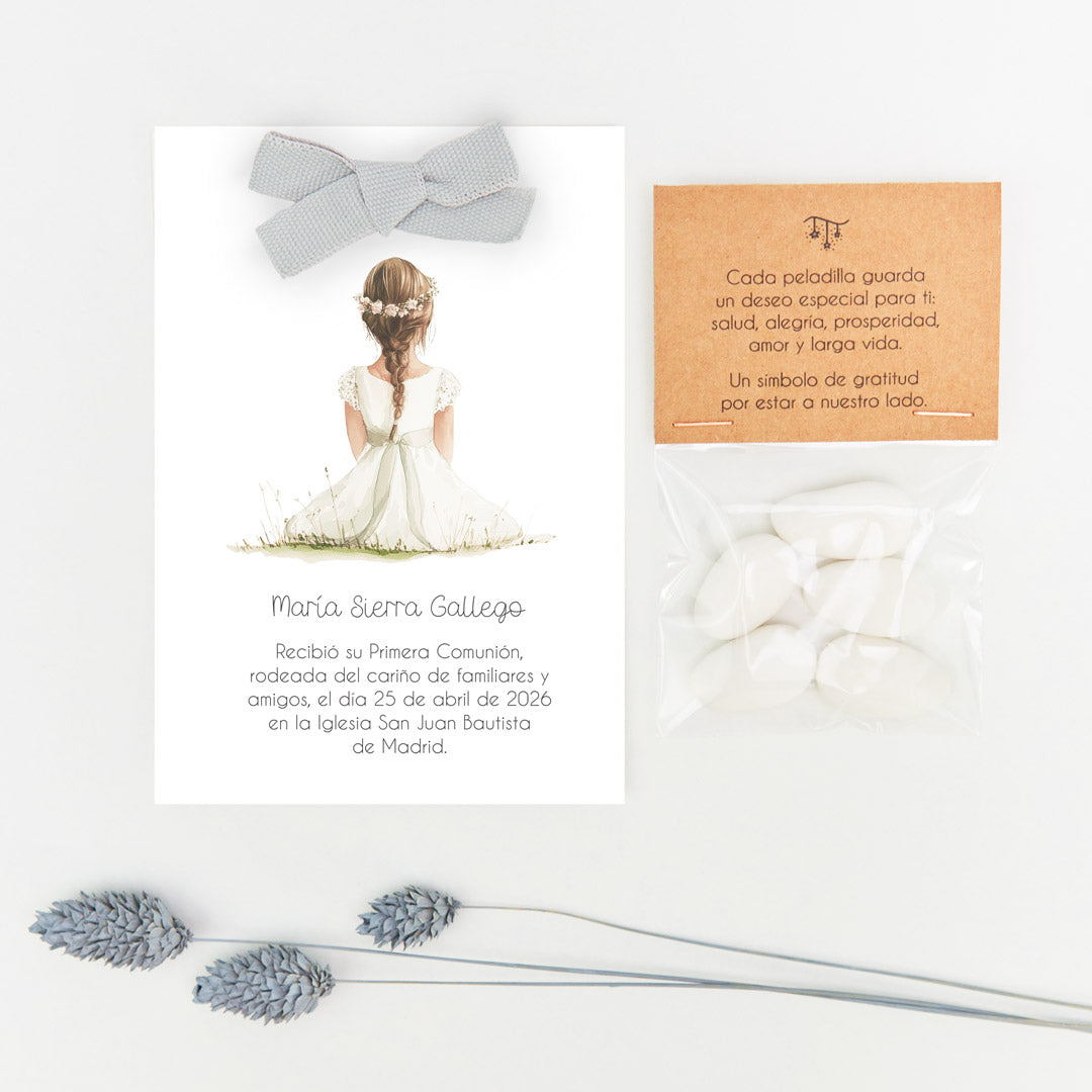 peladillas con recordatorio para invitados de comunión de la colección Boho