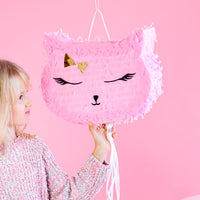 Piñata infantil con forma de gato rosa para rellenar con chuches