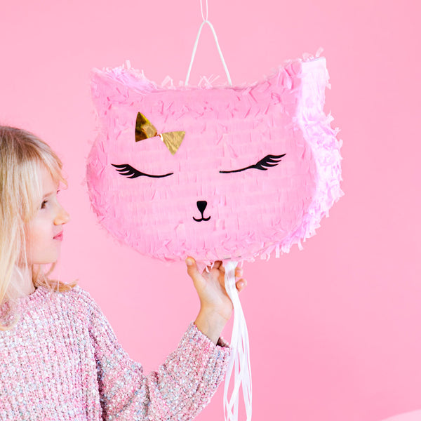 Piñata infantil con forma de gato rosa para rellenar con chuches