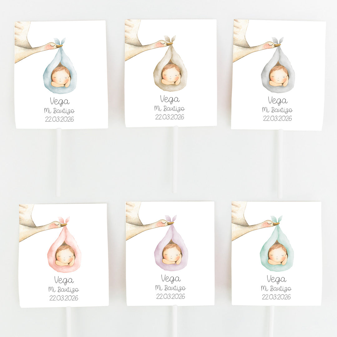 Opciones de color para las piruletas para bautizo de la Colección Cigüeña. 