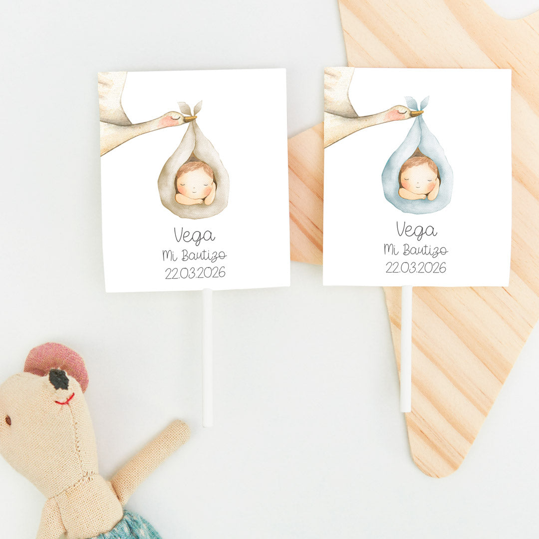 Piruletas personalizadas de la colección Cigüeña para Bautizo. 