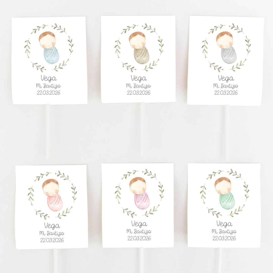 Opciones de color para las piruletas para bautizo de la Colección Rosquito Bebé. 