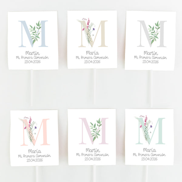 Opciones de color y diseño para las piruletas para Comunión de la Colección Inicial. 