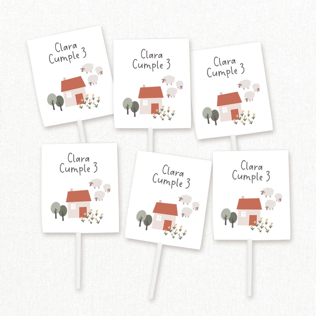 Pack de 12 piruletas personalizadas temática granja con envoltorio de vaca y ovejas para mesa dulce de cumpleaños