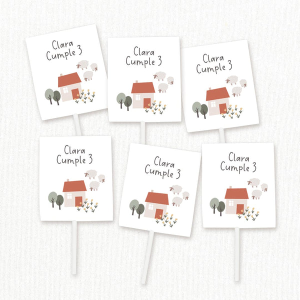 Pack de 12 piruletas personalizadas temática granja con envoltorio de vaca y ovejas para mesa dulce de cumpleaños