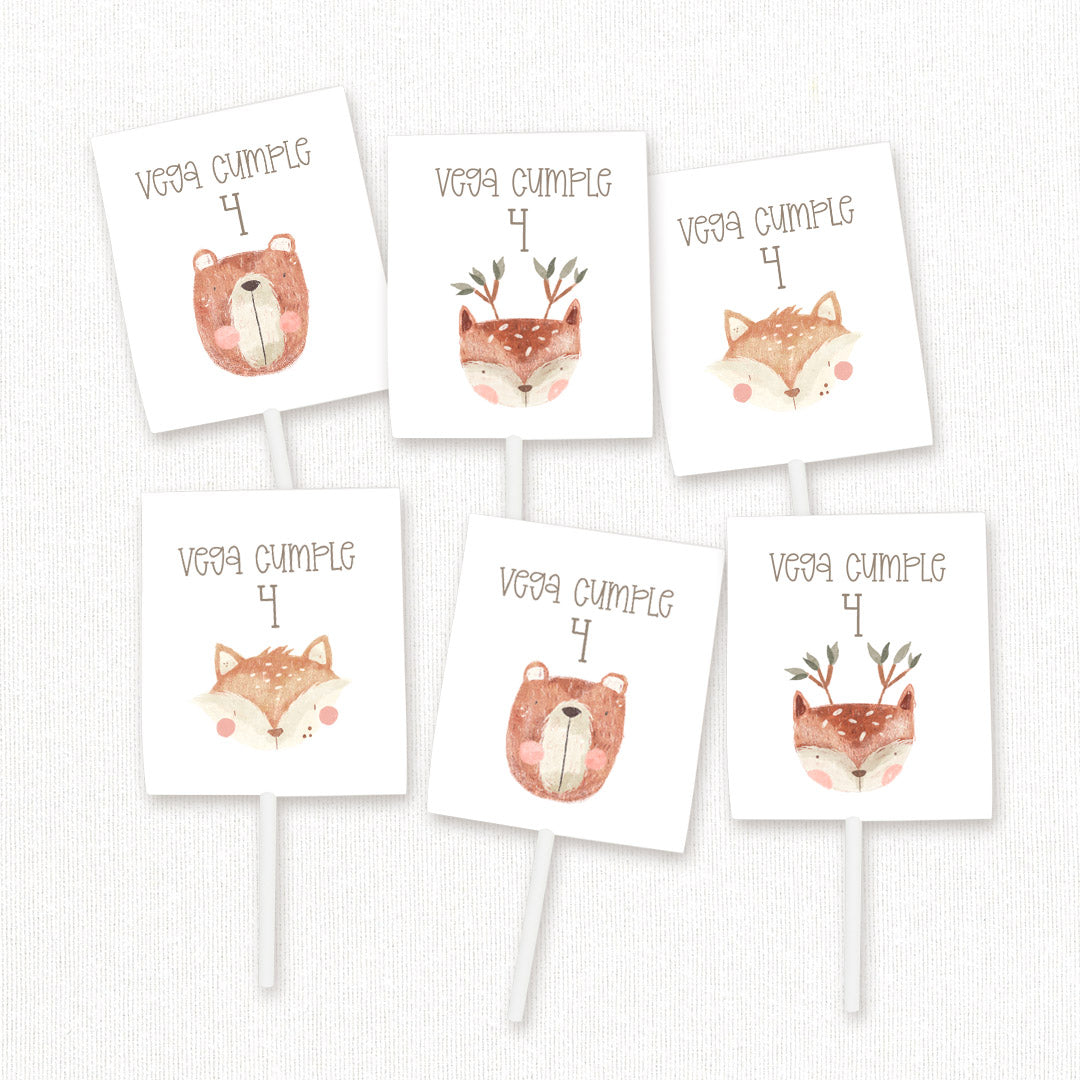 Pack de 12 piruletas personalizadas temática animales del bosque con envoltorios de oso, zorro y ciervo para mesa dulce de cumpleaños
