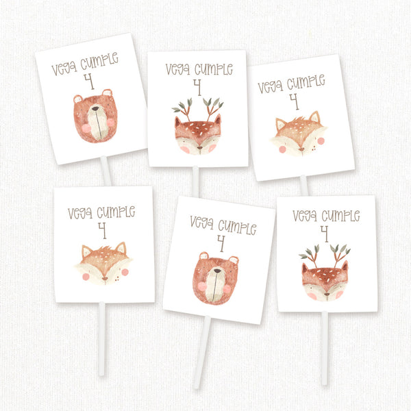 Pack de 12 piruletas personalizadas temática animales del bosque con envoltorios de oso, zorro y ciervo para mesa dulce de cumpleaños