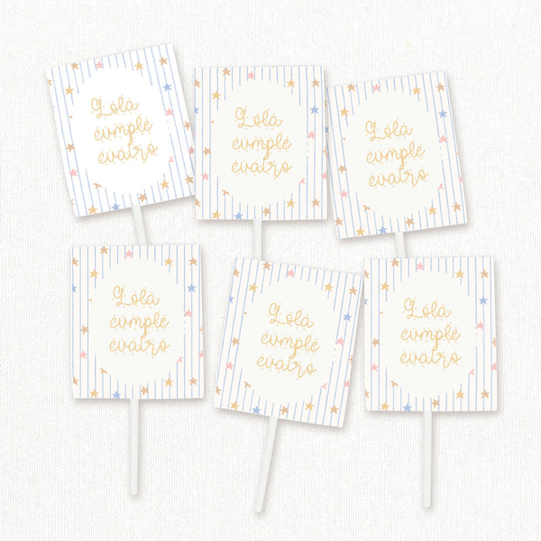 Pack de 12 piruletas personalizadas temática nubes y estrellas con envoltorio de estrellitas pastel para mesa dulce de cumpleaños