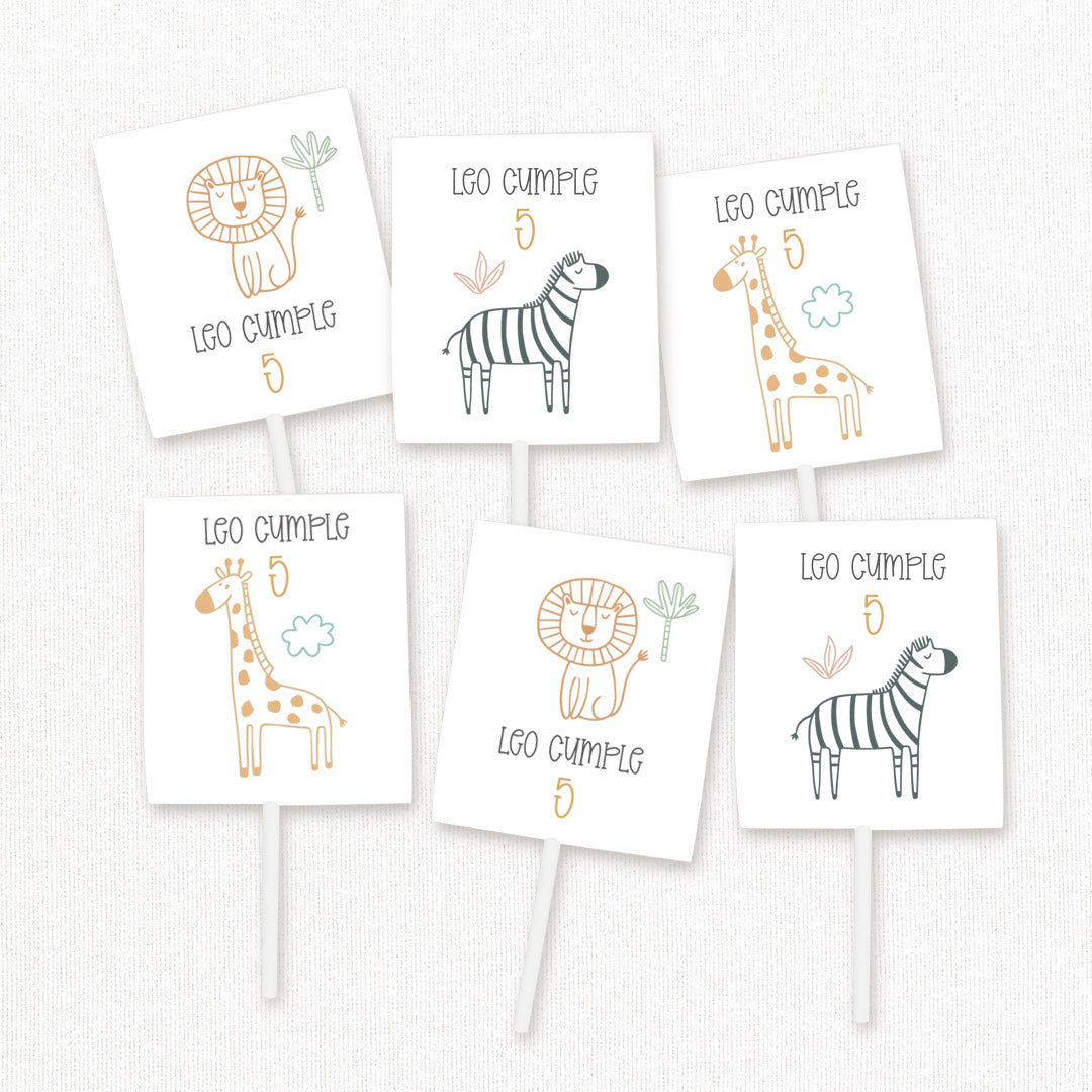 Pack de 12 piruletas personalizadas temática safari con envoltorios de león, jirafa y cebra para mesa dulce de cumpleaños